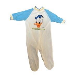 Vintage 80s Donald Duck One Piece Creeper Footie Blue White Size 0-3 mos.